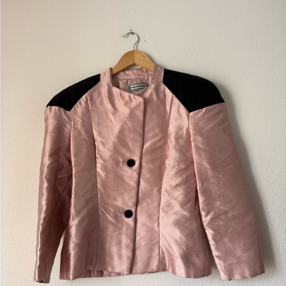 Carolina Herrera 80s Pink Satin Jacket with Black Shoulder Panels